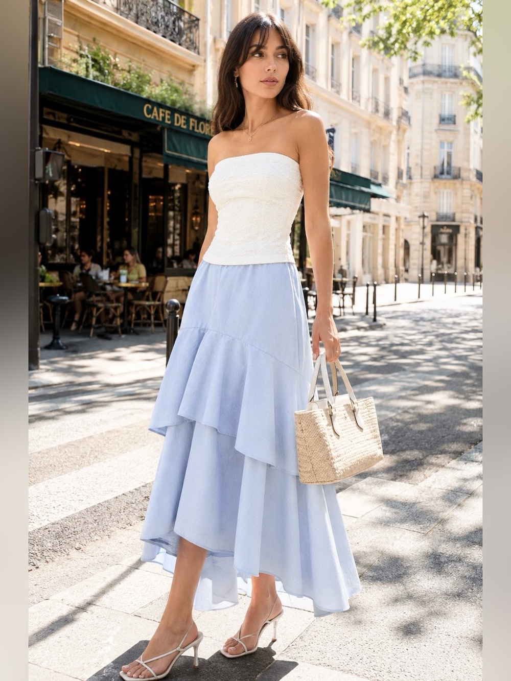 Banana Republic Cascade Poplin High Low Ruffle Maxi Skirt Ice Blue Size 14